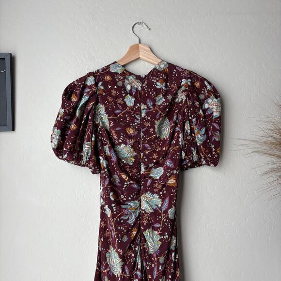Ulla Johnson Dress‎ Silk Floral Puff Sleeve Red Ruched Heleen Midi Dress Size 0 - Picture 8 of 9